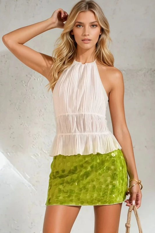 Mini Saia de Paetê verde cintura baixa  e Corte Reto