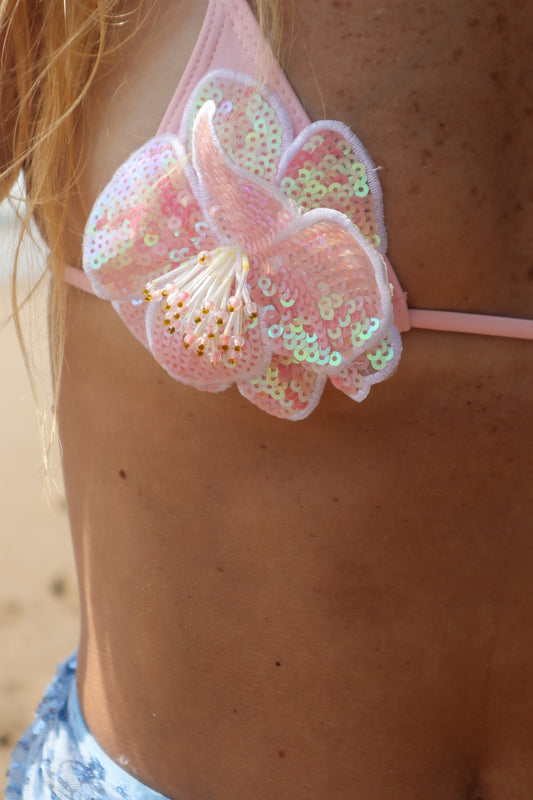 Top Rosa Biquíni com Flor Bordada para Carnaval e Praia