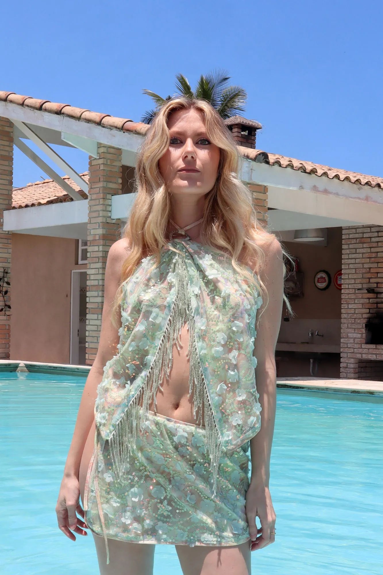 Top Amoré The Notte Verde com Paetês Miçangas Frente Única Verão 2026