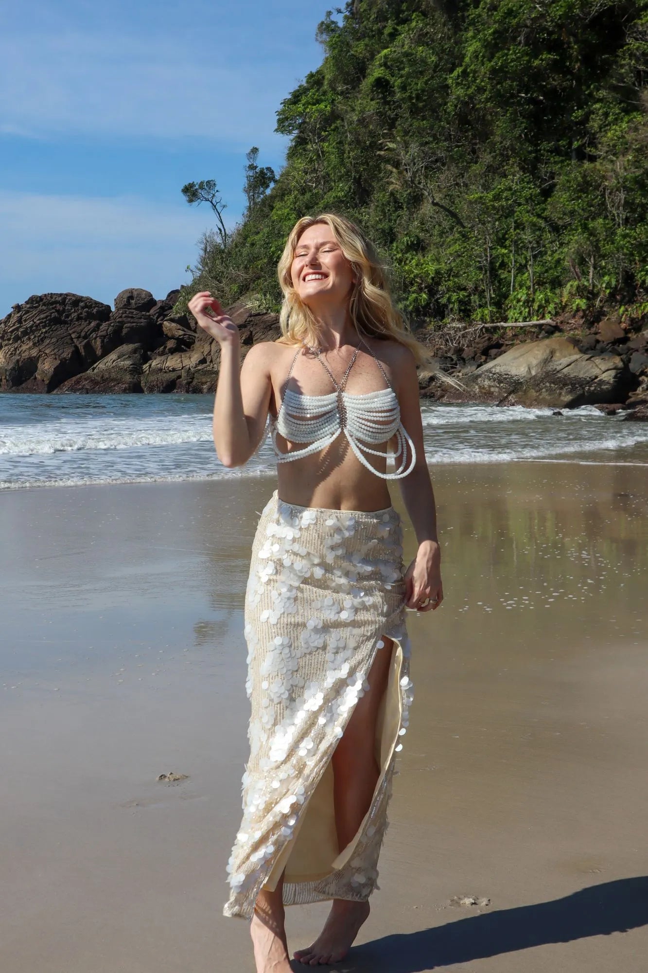 Top Georgina The Notte Branco de Miçangas Verão 2026 Festas Festivais