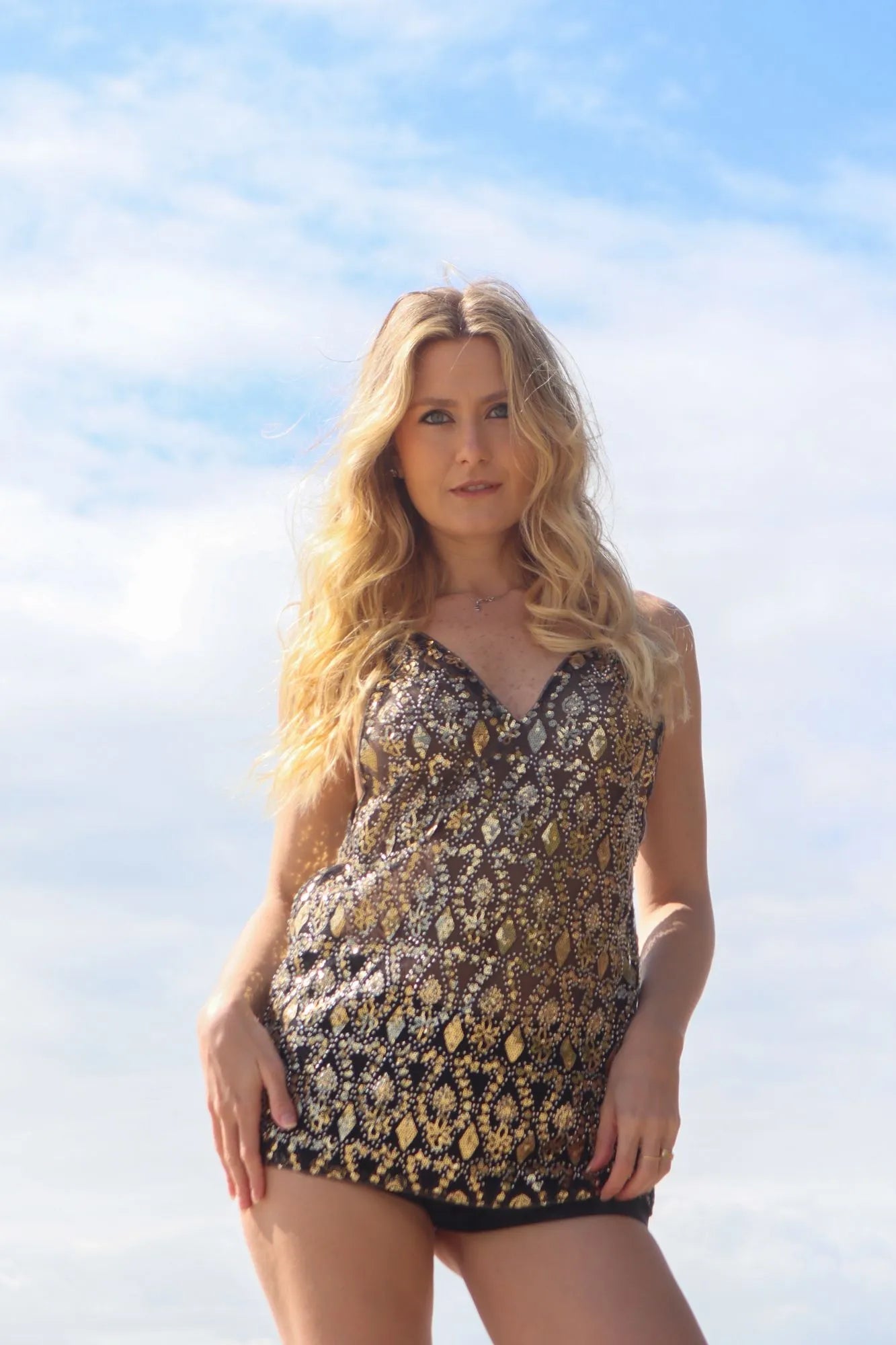 Blusa Preá The Notte Tule Preto com Bordados Dourados e Decote V Verão 2026