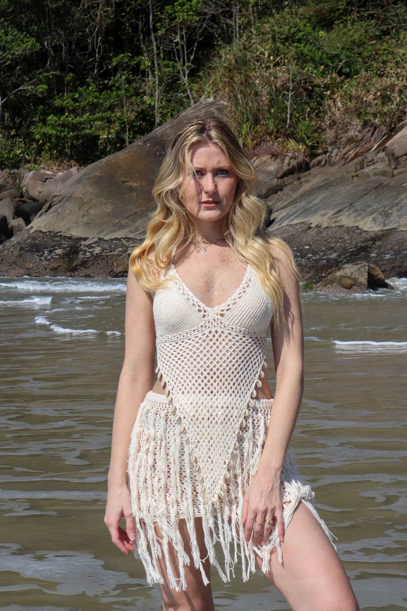 Conjunto Caraíva The Notte de Crochê Bege com Búzios Réveillon