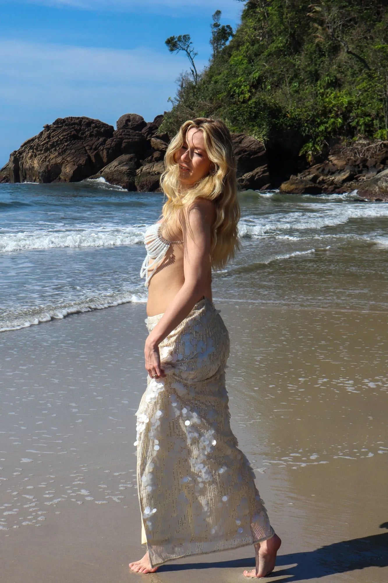 Saia Sereia The Notte Longa de Paetês Bege Verão 2026